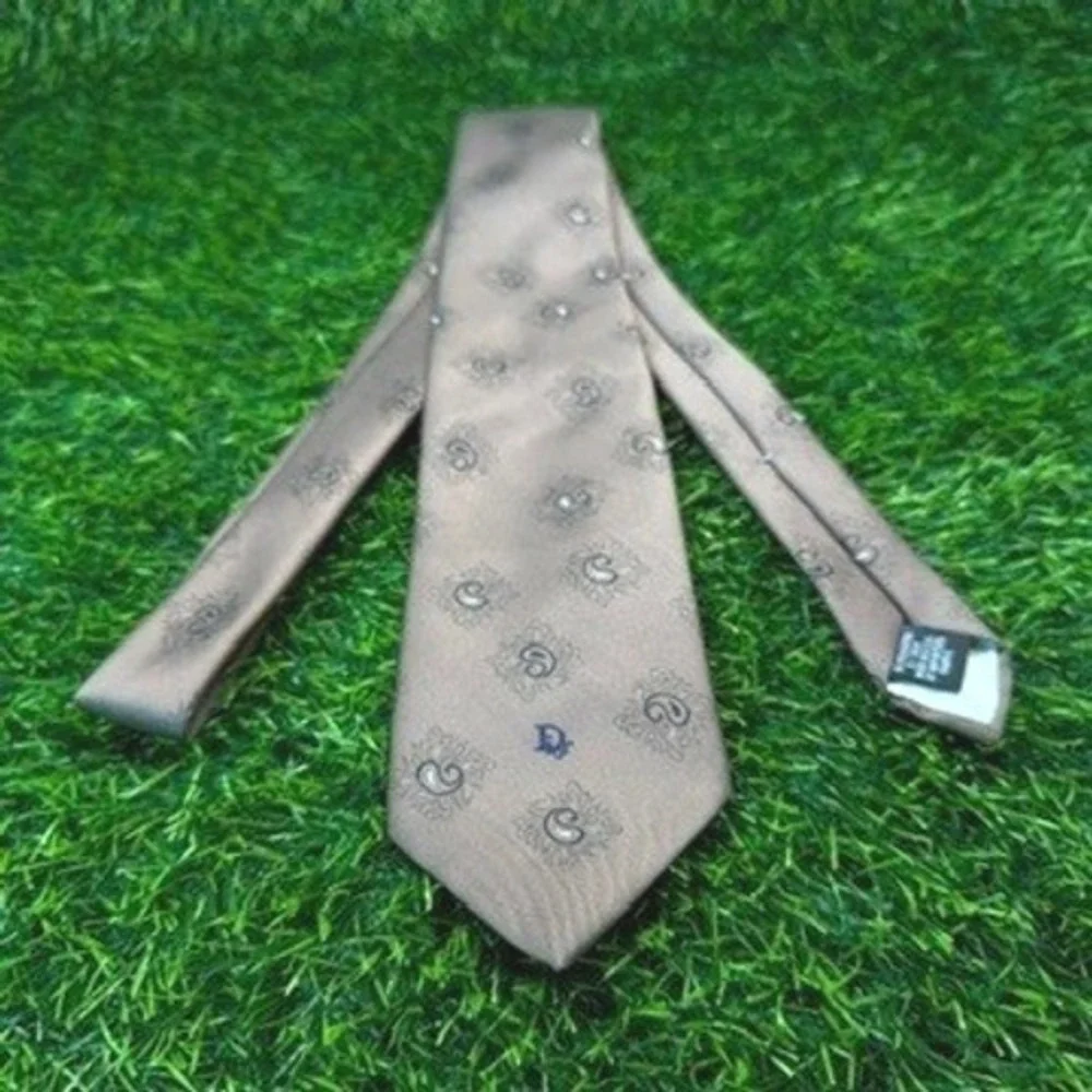 Christian Dior Mens‎ Silk Blend Paisley Medallion Tie Taupe Brown CD Logo USA
